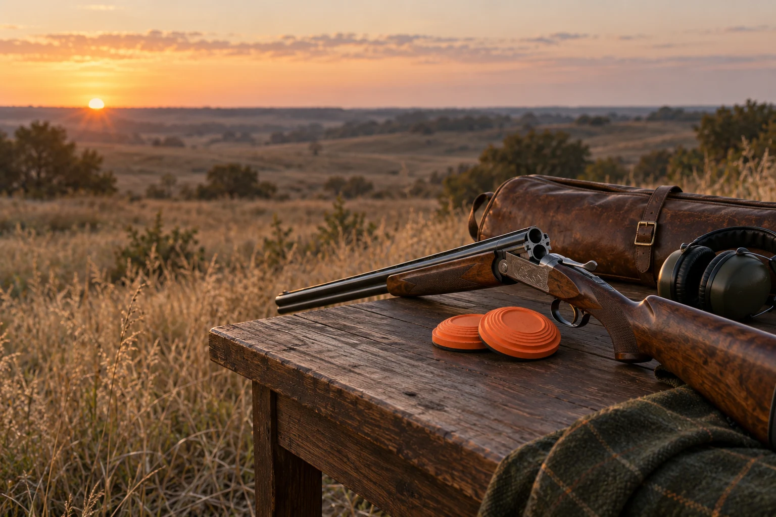 Illustrative sporting scene: an open, unloaded shotgun, clay targets, leather gun slip, and hearing protection overlooking prairie at sunrise